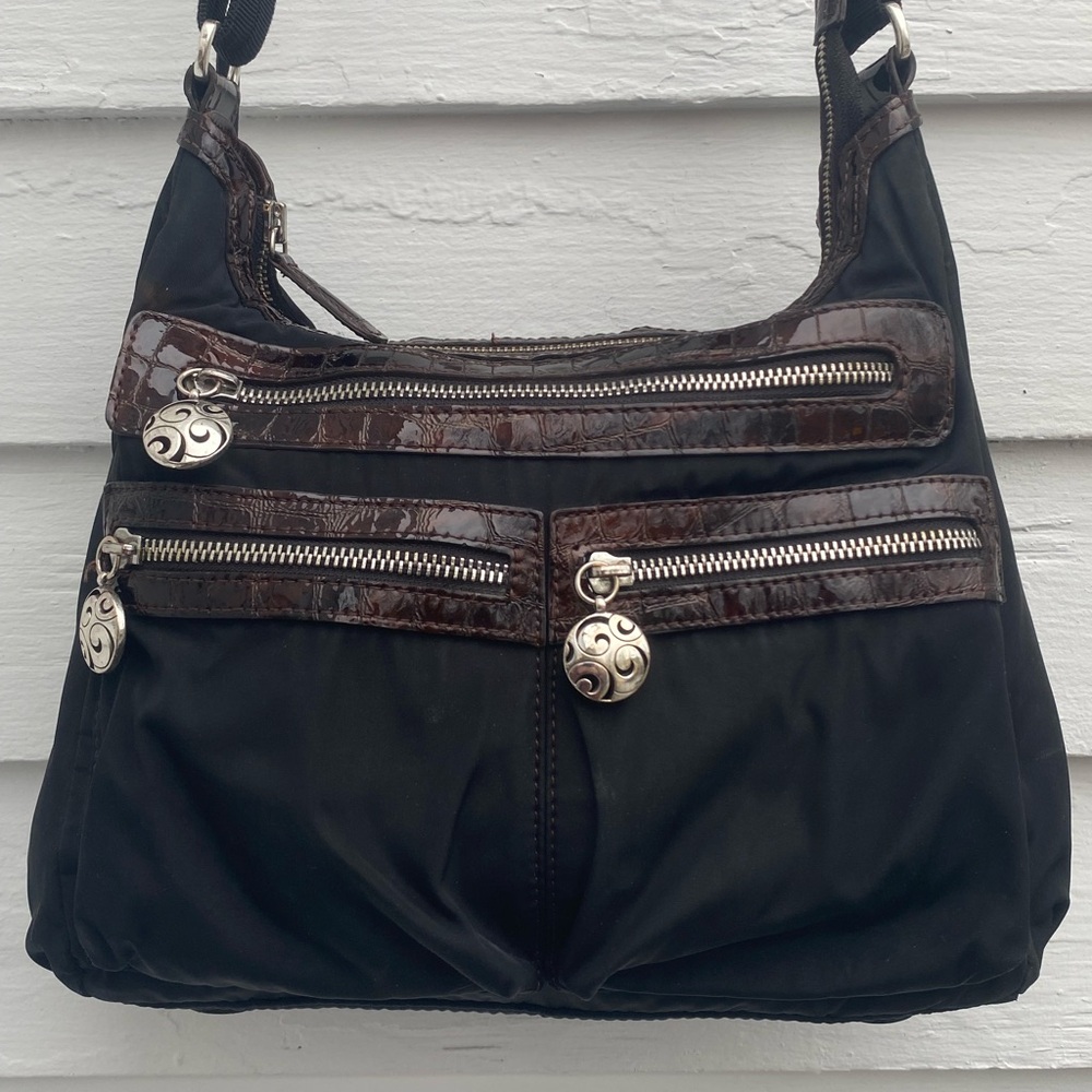 Brighton Nylon Go Go Slim Crossbody Bag Black/Brown Croc🐊 Embossed Leather Trim - Picture 3 of 16